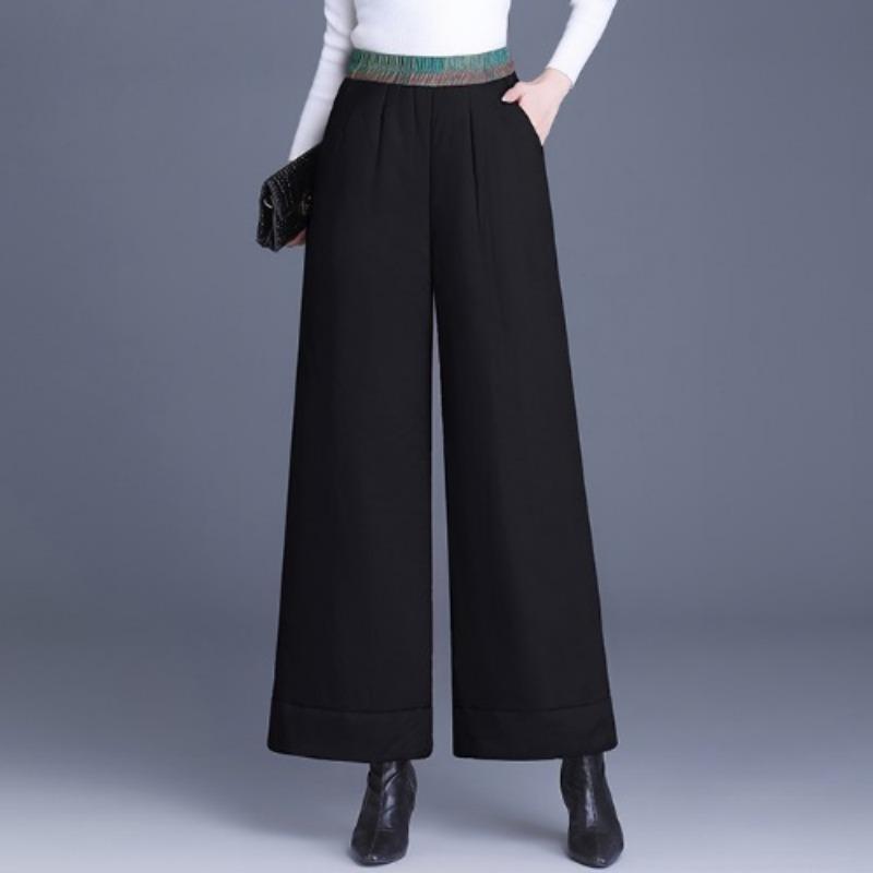 

Брюки из хлопка в стиле ретро для женщин на зиму, новый стиль, теплые повседневные брюки для мам среднего возраста, широкие брюки с высокой талией 4XL чёрный