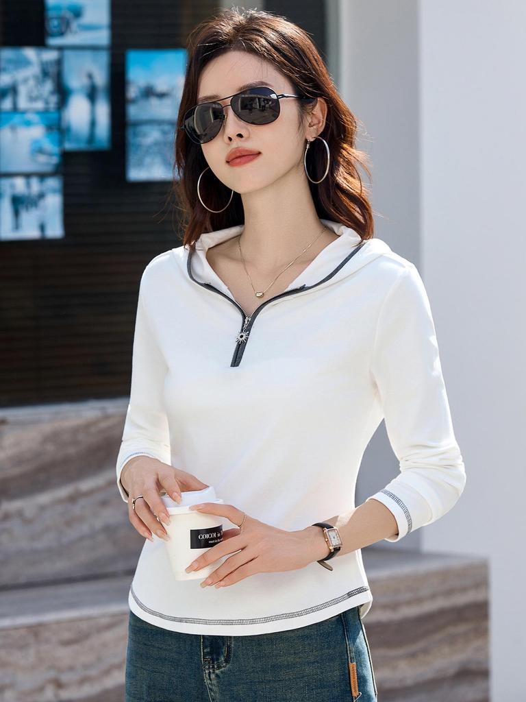 Women's Slimming Cotton Hooded Long Sleeve T-shirt - Stylish for Spring to Winter