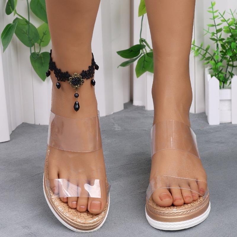 Slope heel cool slippers new fashionable round head thick sole transparent one-word slippers wear high-heeled open-toed sandals women's shoes