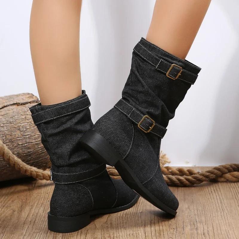 Women's Boots Mid Calf Denim Boots Fashion Round Toe Women Platform Shoes Comfortable Solid Color Women Ankle Boots botas mujer