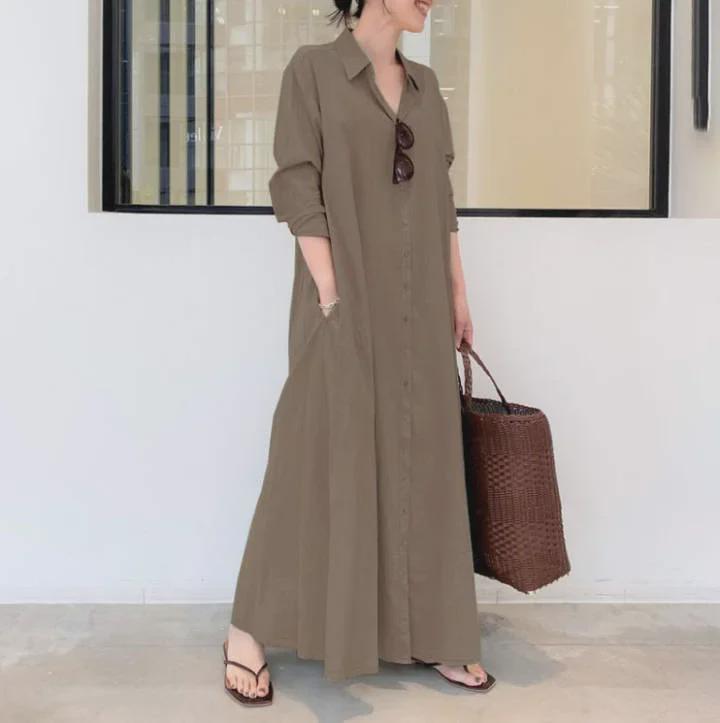 Abito camicia a maniche lunghe con risvolto e tasca in stile europeo e americano in cotone e lino