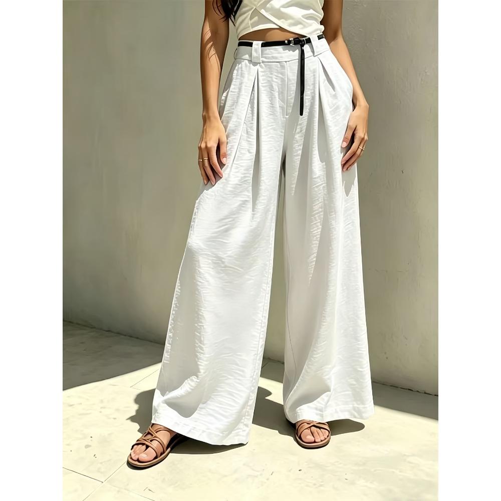 Women s High Waist Belted Pleated Solid Linen Wide Leg Long Pants Loose Fit Casual Trousers S белый
