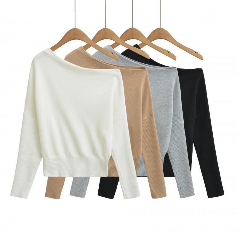 Womens Off Shoulder Knit Sweater 2026 Fall Relaxed Slim Fit Long Sleeve Top