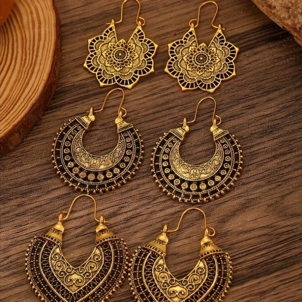 Vintage Boho Style Hollow Floral Hoop Earrings for Women Men Ethnic Unique Design Fashion Gold Color Dangle Earring Jewelry Gift