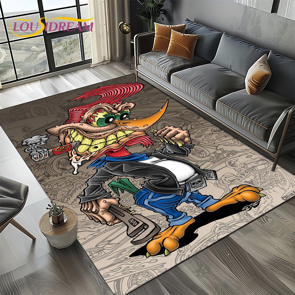 RF Funny Rat Fink Cartoon Motorcycle Sign Carpet Rug for Living Room Bedroom Home Sofa Decoration,Area Rug Non-slip Floor Mat
