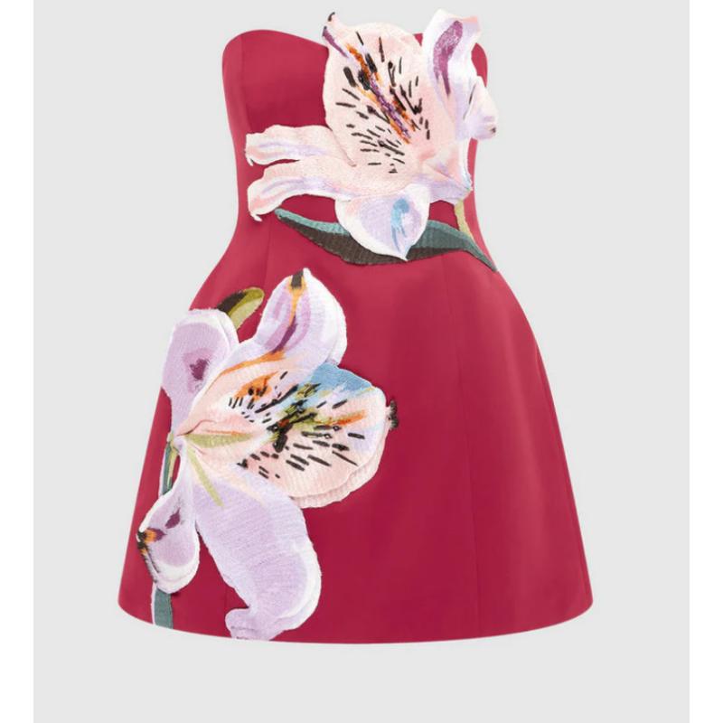 Women's Summer Strapless 3D Floral Patchwork A-Line Mini Dress, Elegant Fashion Cocktail Party Short Tube Dress