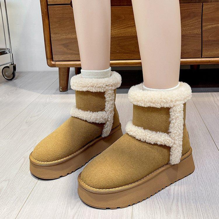 Cowhide Version! Thick-soled Snow Boots Women's 2025 New Fluffy Short Boots Piled and Thickened Versatile Thermal Short Tube Snow Cotton
