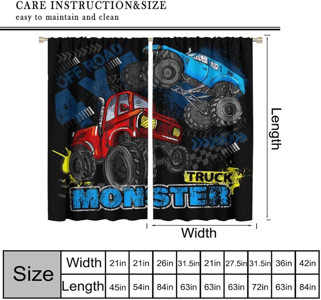 Monster Truck Curtains Boys Cartoon Red Blue Car Game Cool Racing Window Kids Bedroom Living Room Playroom Curtain For Sitting Made Of Polyester