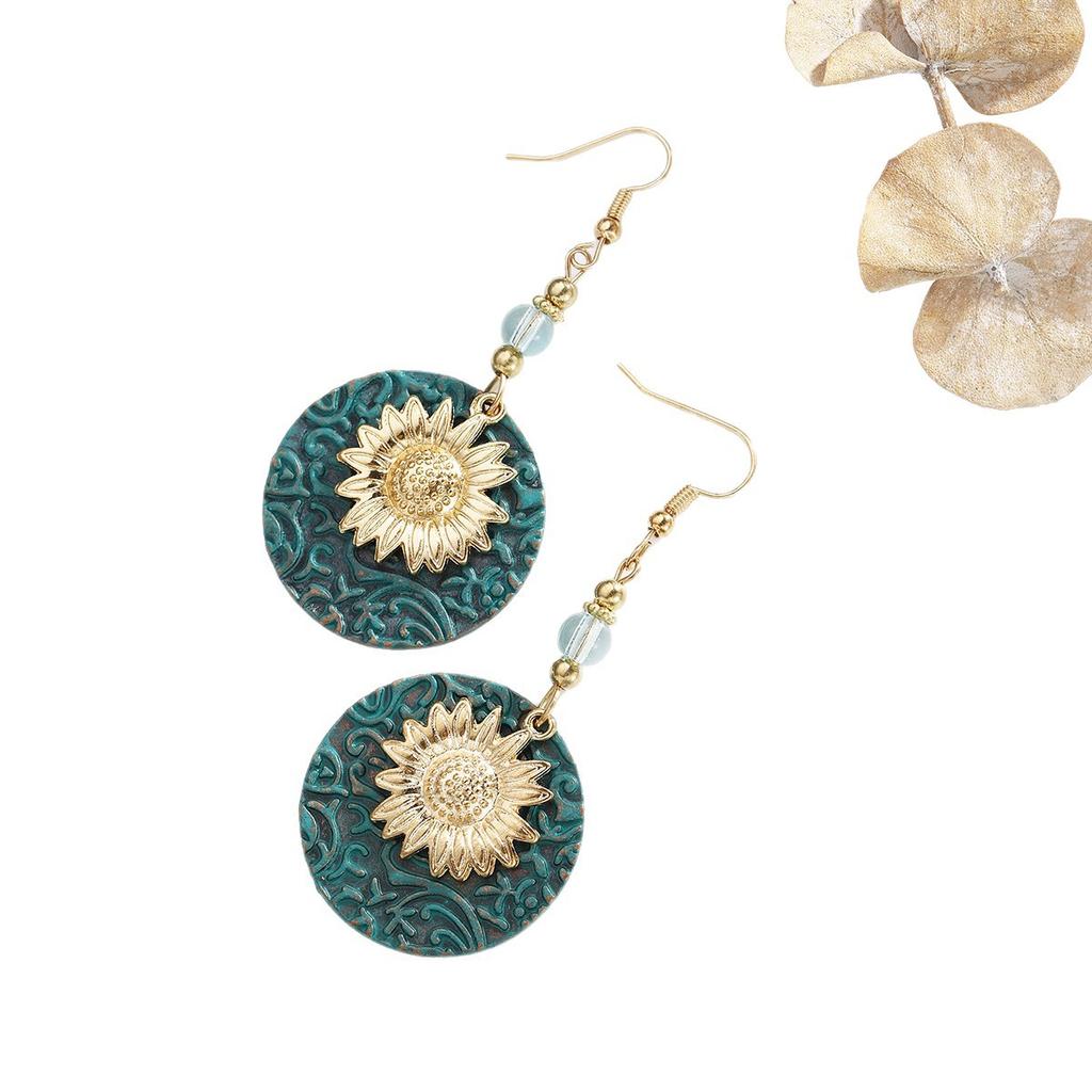 European, American Bohemian Two-color Double-layer Sunflower Exquisite Pattern Earrings Retro Earrings