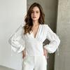 White V-neck Long-sleeved Shirt Women's European and American Waist Lace-up High-end Sensual Temperament Versatile Commuter Women's Top