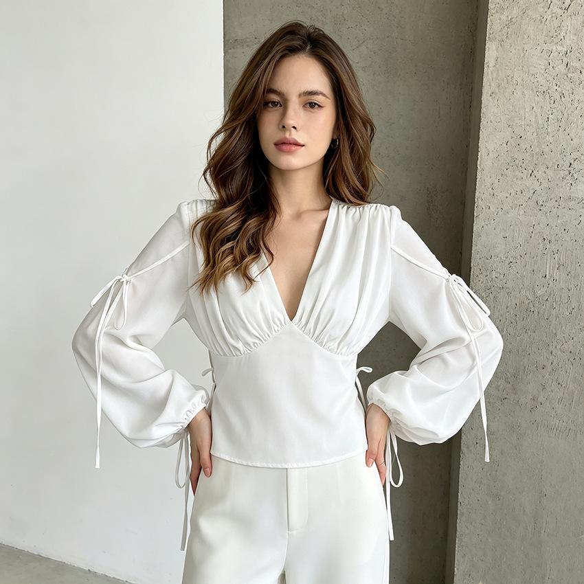 White V-neck Long-sleeved Shirt Women's European and American Waist Lace-up High-end Sensual Temperament Versatile Commuter Women's Top