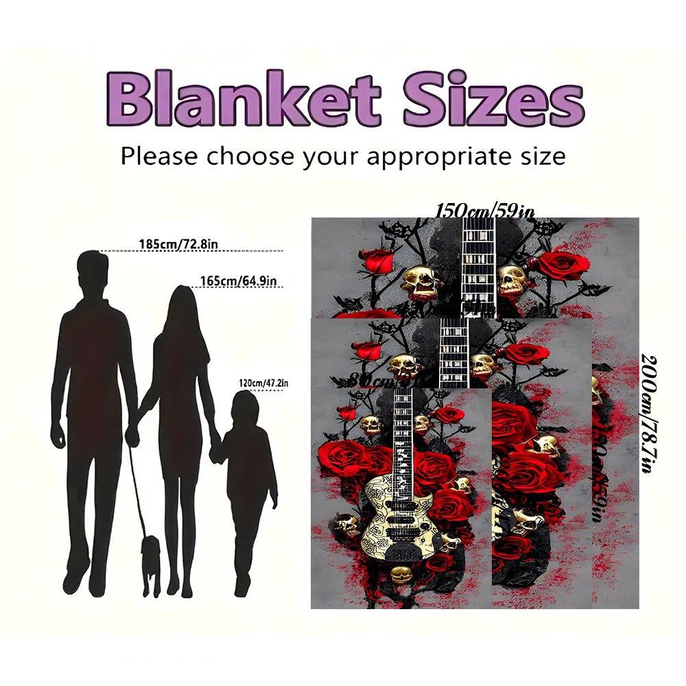 Gothic Skull Roses Electric Guitar Art Print PosterBlanket Flannel Throw Blanket for Sofa, Bed, Travel, Camping, Office