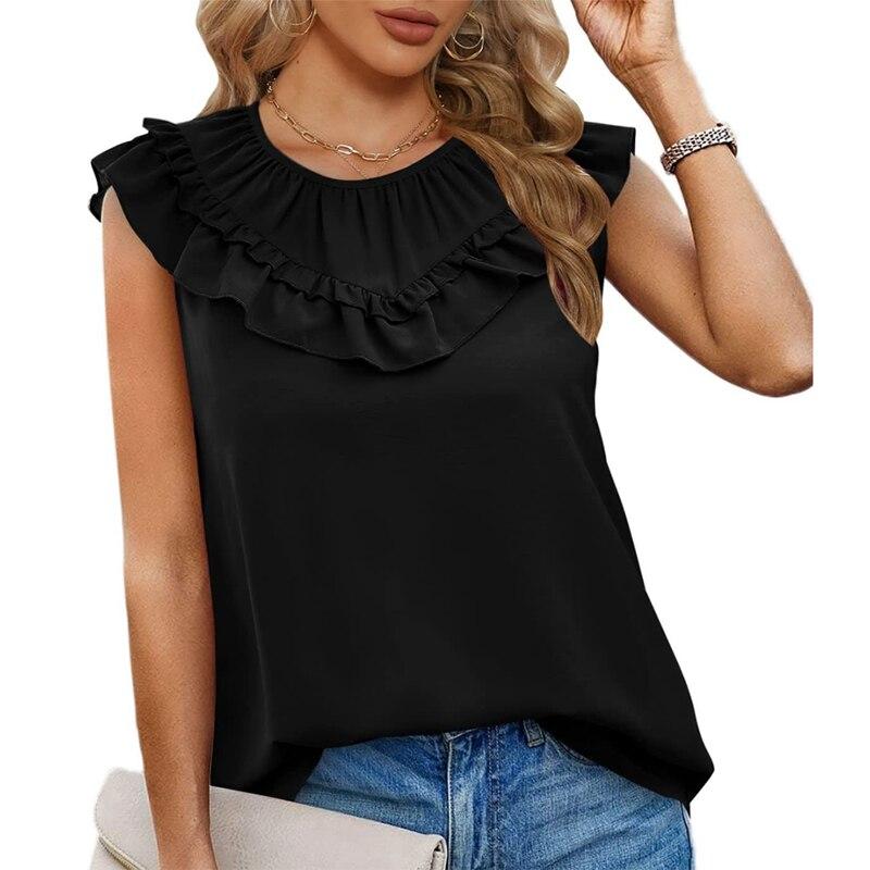Summer Ruffles Loose Sleeveless White Shirts Women Elegant Casual Chiffon Blouse Women Solid O Neck Tops Shirt Blusas  25556