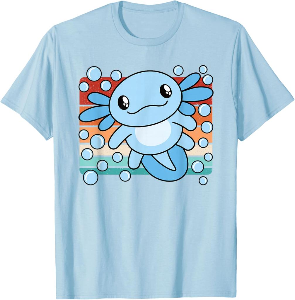 Niedlicher Axolotl Salamander Retro Sonnenuntergang Grafik T-Shirt Weiche Baumwolle Lässiges T-Shirt für Kinder