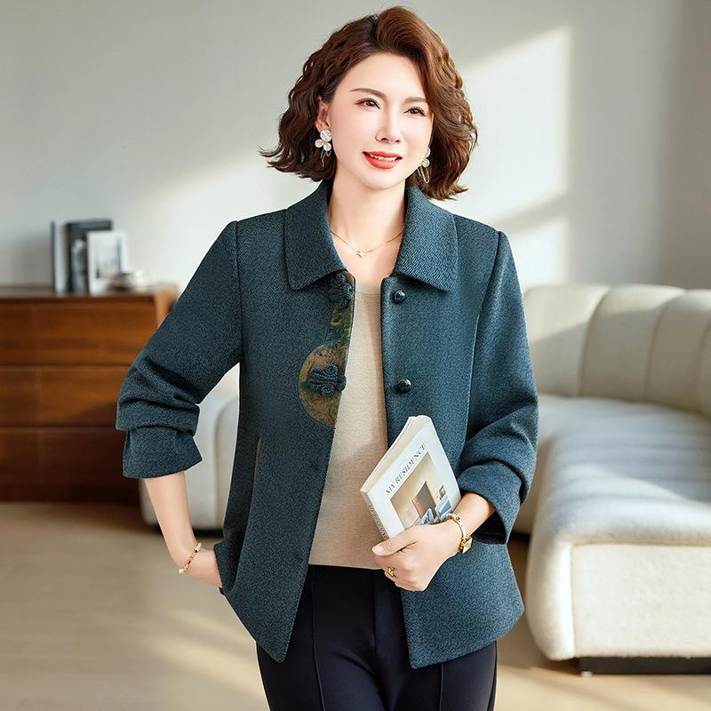 Women's Petite Elegant Red Wool Coat with Chinese Embroidery - Spring/Winter Style for Middle-Aged and Elderly