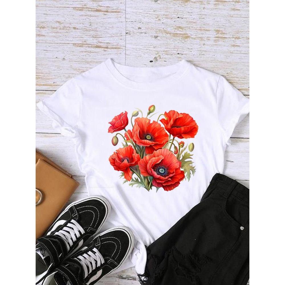 Style Flower Trend Clothing Graphic T-shirts Lady Short Sleeve T Shirt Women Print Female Fashion Clothes Casual Tee