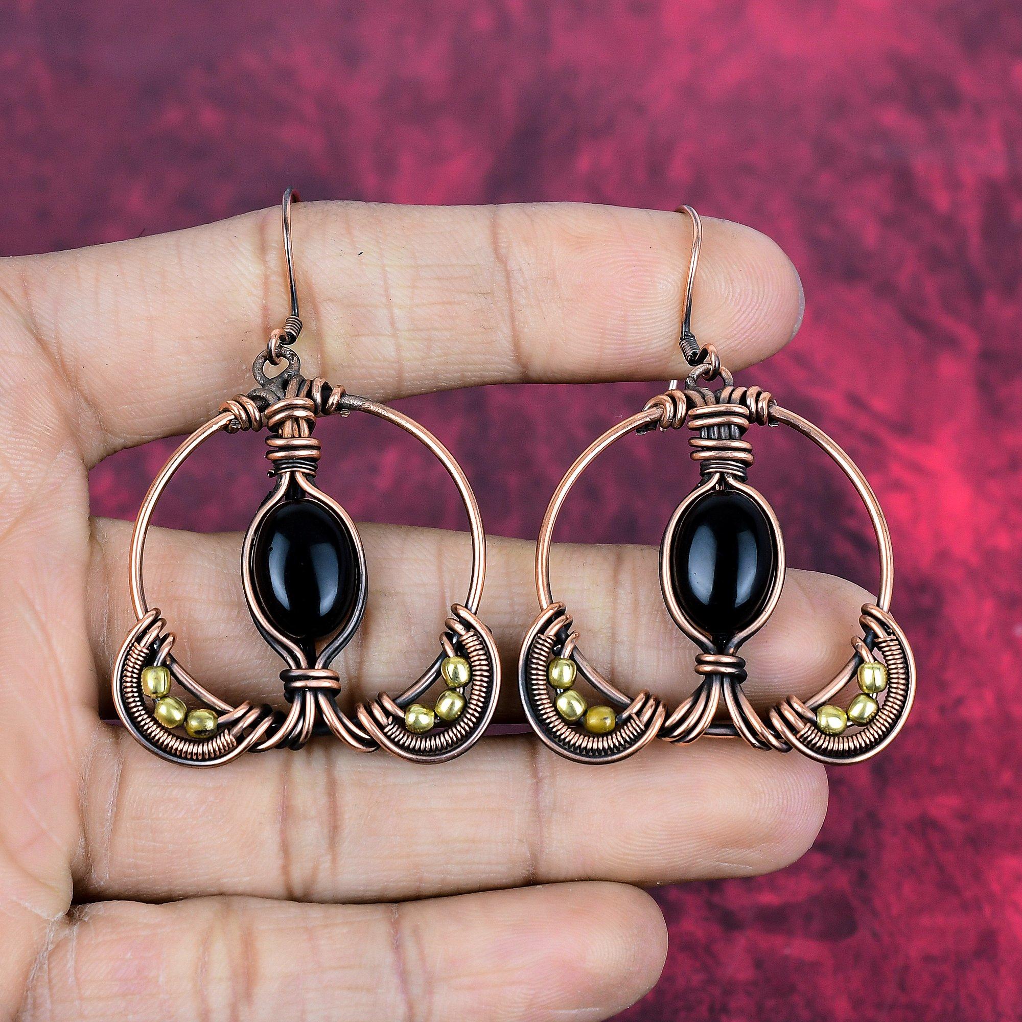Black onyx earring copper wire wrapped jewelry gemstone earrings copper earring antique jewelry handmade wire wrap earring gifts for mother