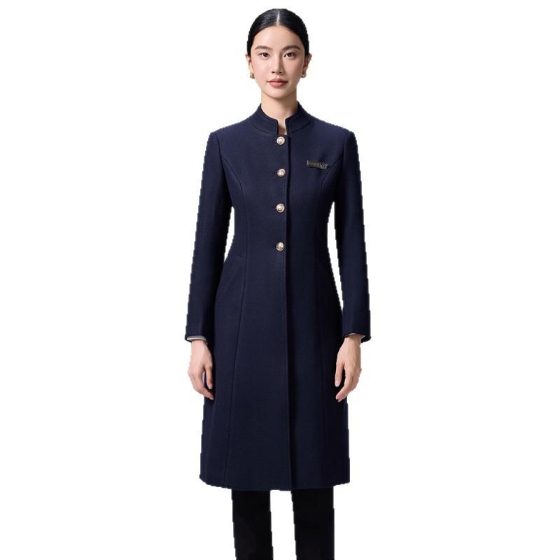 Women's Mid-Length Professional Stand-Collar Wool Coat - Winter Receptionist and Sales Workwear.