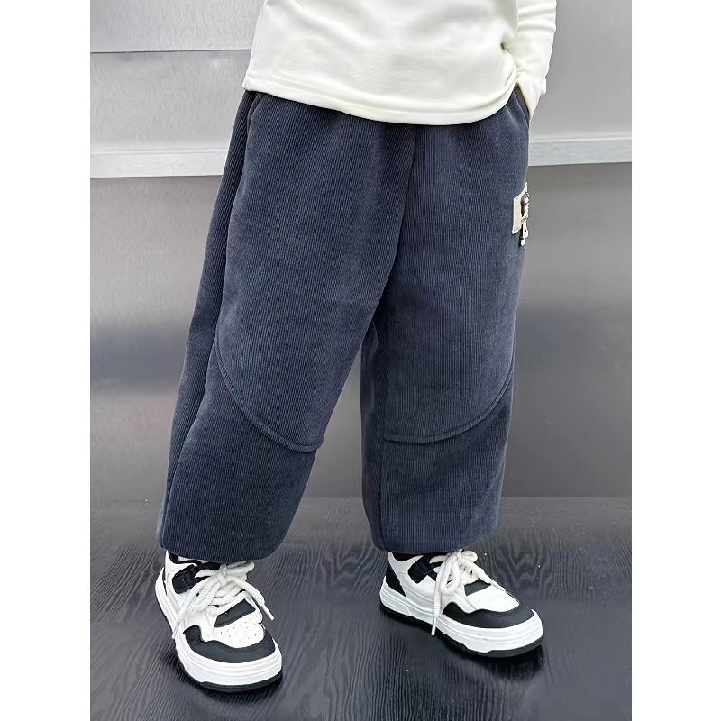 Boys' Winter Long Pants, Corduroy Style for Autumn and Winter, Warm and Fashionable Fleece-Lined Trousers with Cartoon Designs, for Outdoor, Thick