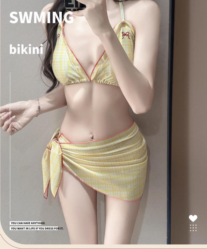 Vintage Bow Strappy Three-Piece Bikini Push-Up Swimsuit - Hot Girl Slim Fit for Small Bust