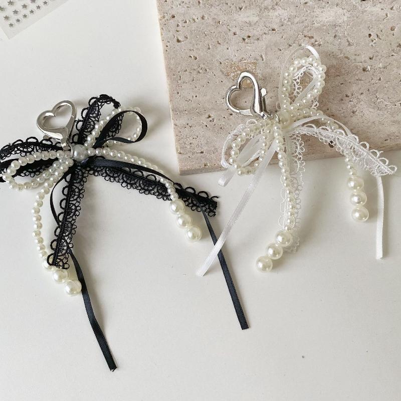 Y2K Sweet Lace Imitation Pearl Bow Keyring Ins Style Bowknot Keychain Trendy Girly Key Holder Bag Pendant Girls Gift