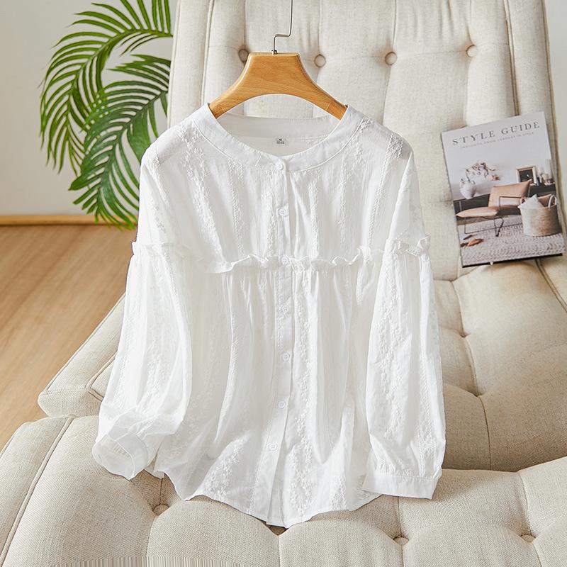 

Футболка с круглым вырезом, вышивкой и длинными рукавами, топ с рукавами-фонариками и новым фестончатым краем, футболка из чистого хлопка с круглым вырезом XXL белый