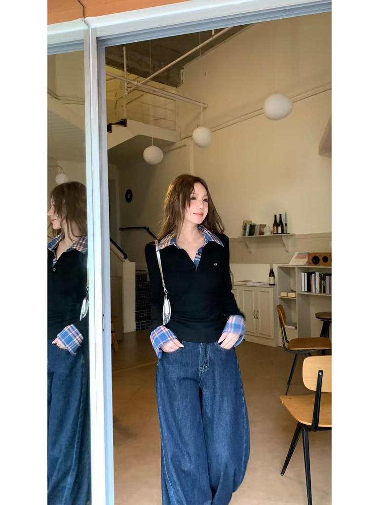 Design Sense Women's Plaid Patchwork Long Sleeve Collared Slim-Fit T-Shirt for Autumn