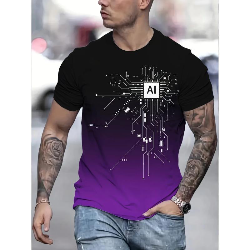 2026 New Men's AI Circuit Board Print T-shirt Gradient Crew Neck Short Sleeve Casual Tee for Streetwear Summer Breathable Tops