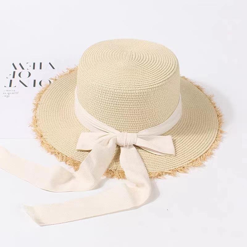 Women's Summer Japanese Style Versatile Frayed Edge Straw Hat Flat Top Vacation Outing Woven Sun Hat Bowknot Sunshade Beach Hat