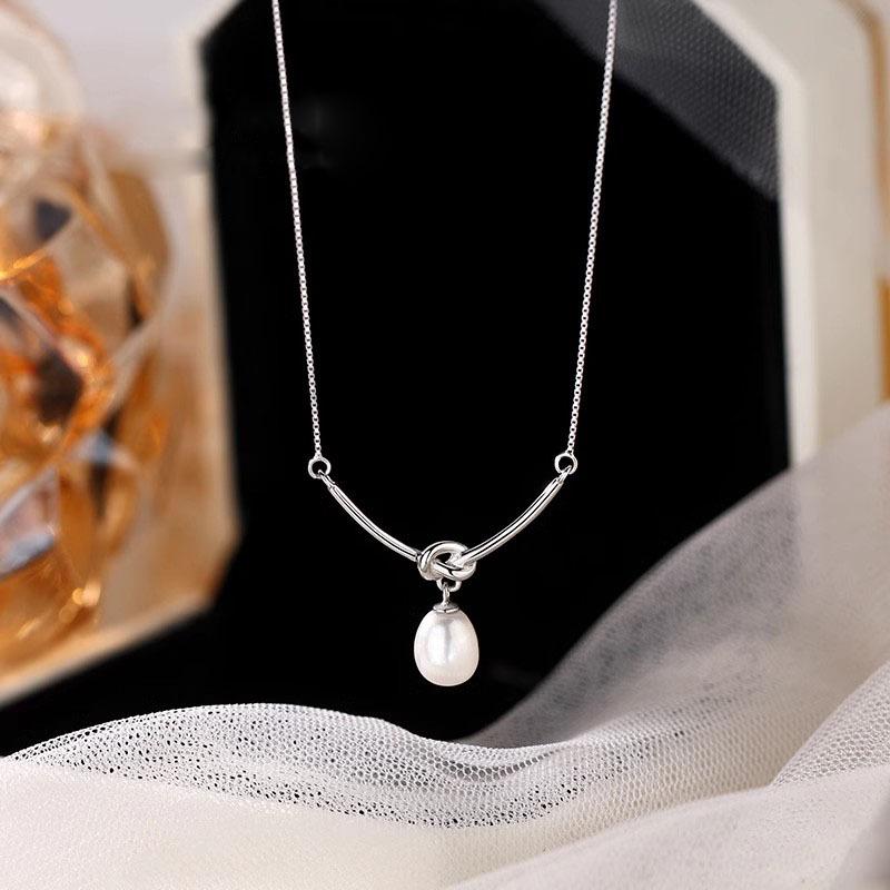 PONYKISS Real Sterling Silver Pearl Knot Choker Necklace for Fashion Women Classic Fine Minimalist Accessories