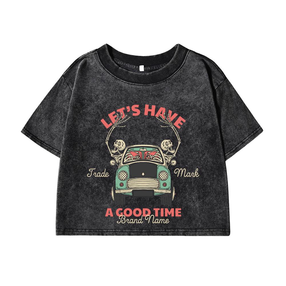 Woman Cotton Crop Tees Summer Distressed O-Neck Washed T-Shirts Skeleton Friends Take A Ride Together Prints Tops Clothes