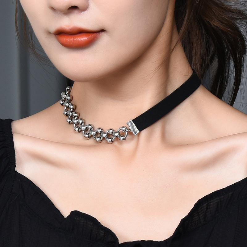 Titanium Modern Black Steel Choker Necklace For Women With Dazzling Crystal Accents And Trendy Shape Wave