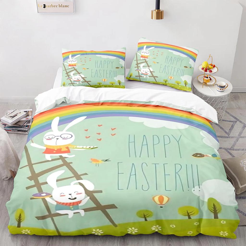 Rabbit Rainbow King Queen Duvet Cover Cartoon Animals For Children Boys Girls Easter Green Polyester Quilt Cover Bedroom Decor