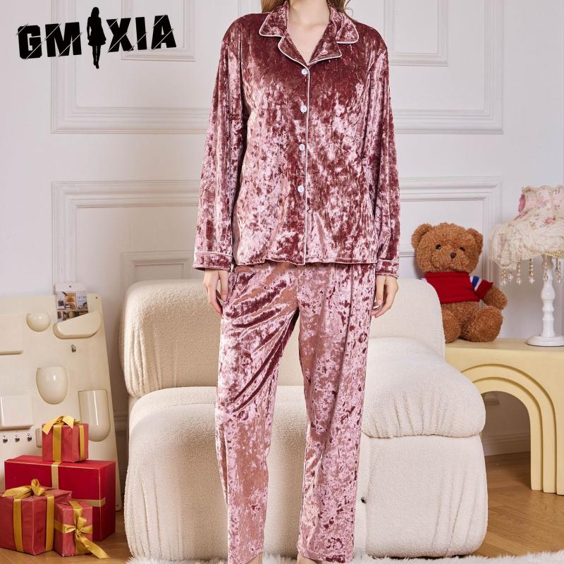 GMXIA Autumn and Winter Women's Gold Diamond Velvet Pyjamas Long-sleeved Trousers Two-piece Warm Thickened Velvet Homewear Set
