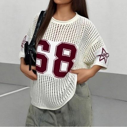Milk white hollow woolen large hole texture, breathable suitable for spring and summer, loose shoulder version Tibetan meat and casual.