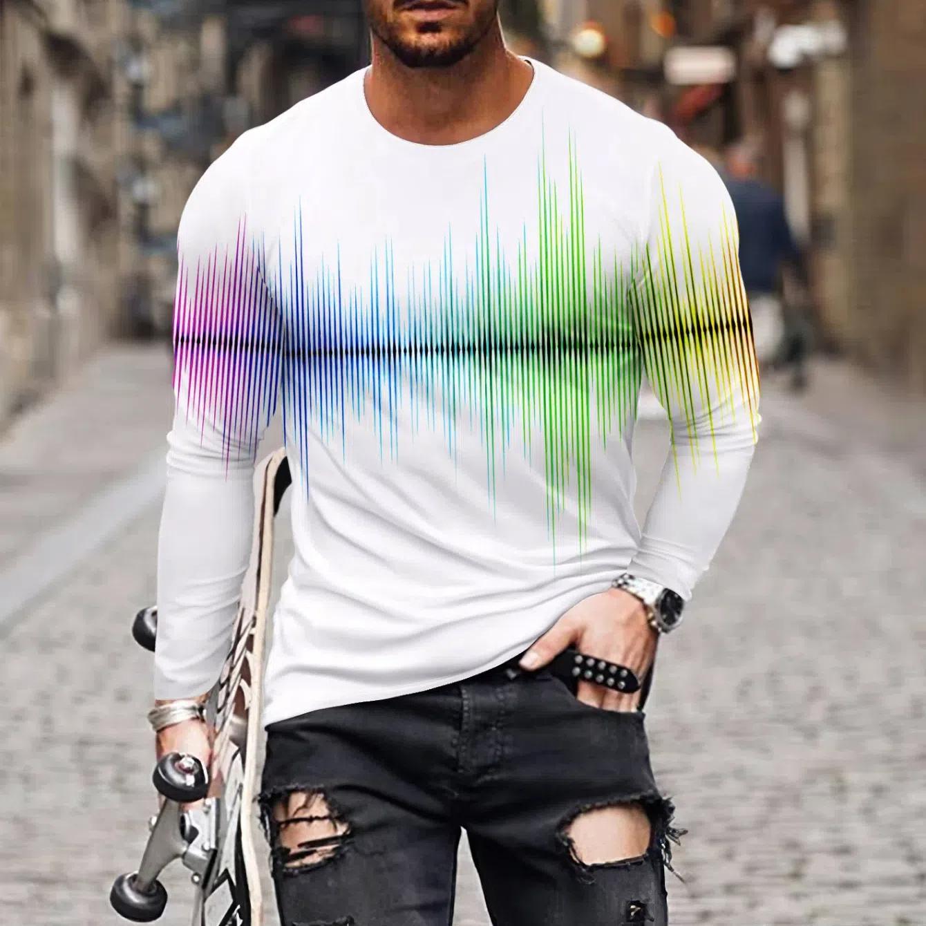 

Мужская футболка с 3D-принтом и цветными блоками, с круглым вырезом и длинным рукавом, повседневная летняя футболка для повседневной носки и отдыха на курортах 6XL