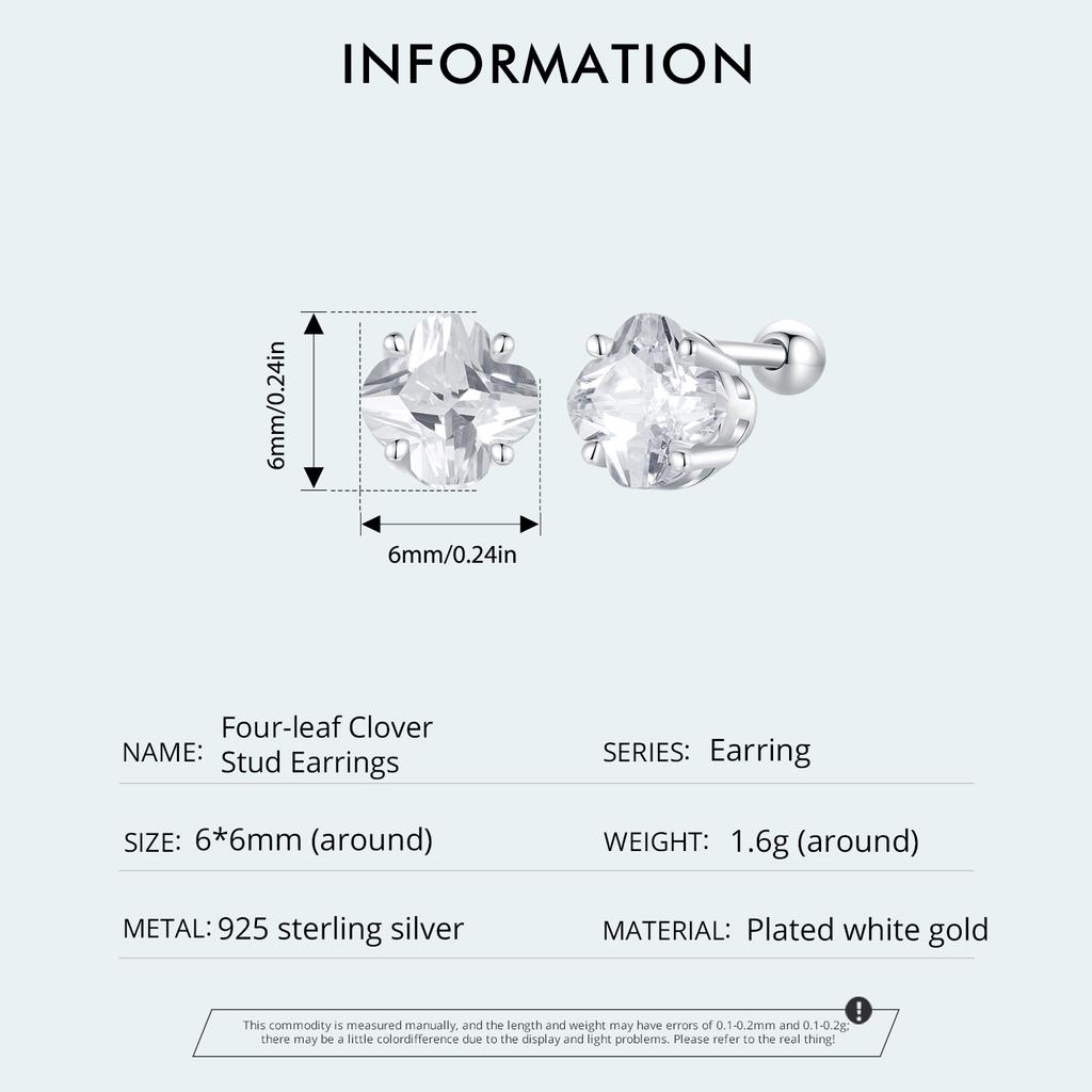 WOSTU 925 Sterling Silver Four-leaf Clover Stud Earrings with Zircon for Women Girl Fine Jewelry Party Daily Date Lucky Gift