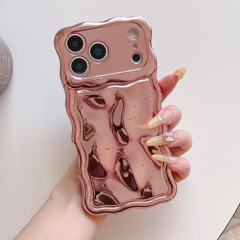 Luxury Electroplated Orange Stone Pattern Phone Case for iPhone 13 14 15 16 17 Pro Max Wave Edges Shockproof Soft Back Cover