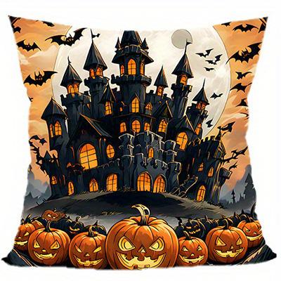 Home Decor Halloween Castle & Pumpkins Throw Pillow Cover Pattern Cushion Cover Suitable For Sofa Bedroom Car Pillow Cover
