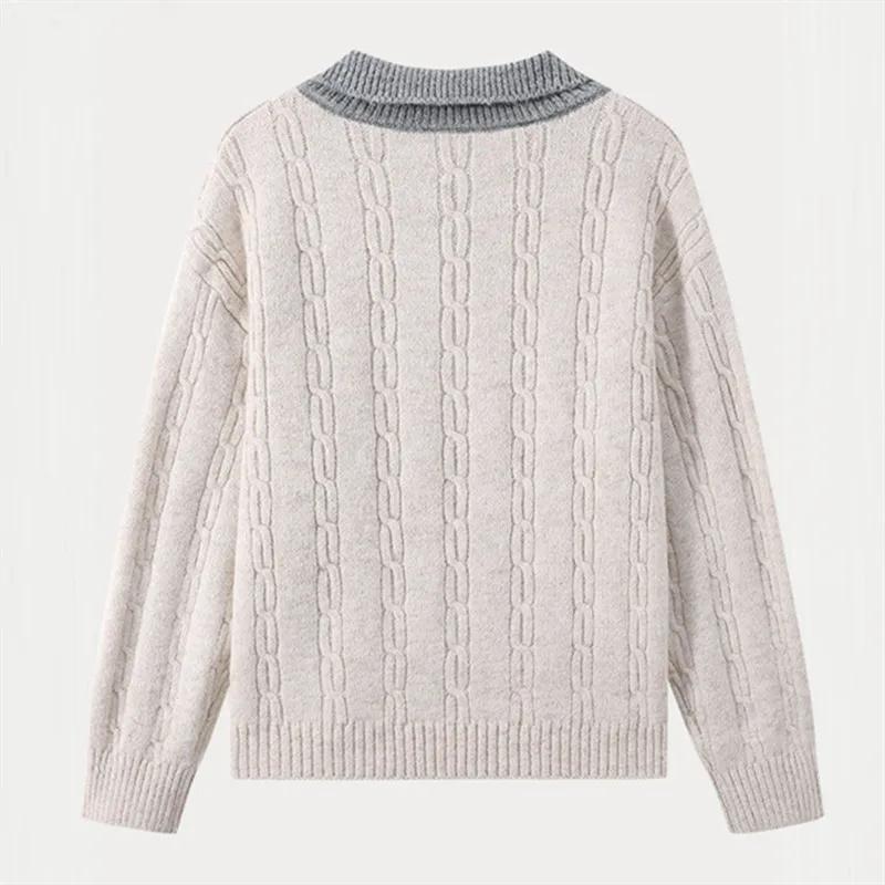 Autumn Winter Korean Style Men's Knitted Sweater Fashion Patchwork Turn Down Collar Casual Knit Pullovers Warm Couple Sweaters