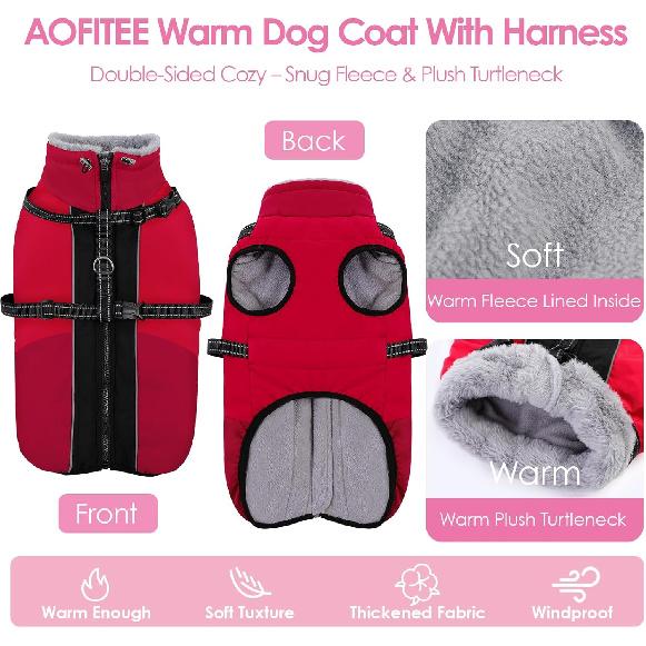 AOFITEE Dog Coat for Large Dogs, XXXL Dog Winter Jacket with Harness Built in, Turtleneck Cold Weather Coat for Extra Large Dogs, Reflective Pet