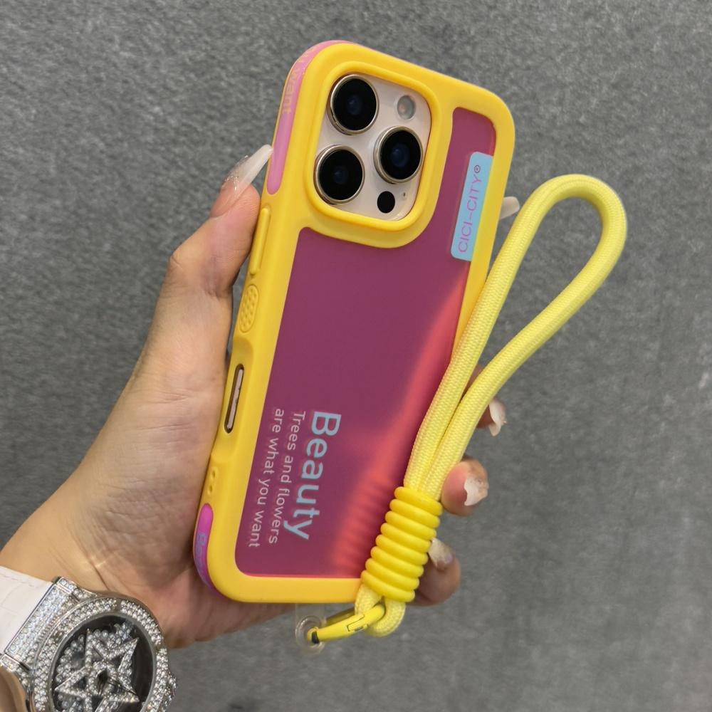 Candy Contrast Color Laser Wrist Strap Case For iPhone 14 15 16 17 Pro Max Frosted IMD Anti-Loss Cord Lanyard Soft Bumper Cover