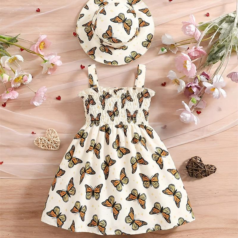 0-3 Jahre Mädchen Mode Prinzessinnenkleid Sommer Kinder Süßes Schmetterlingsdruckkleid Mit Passendem Hut