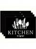 4pc S Elegant Black And White Kitchen Placemats - Rectangular, 100% Polyester Table Mats With Stylish Cutlery Print, Perfect For
