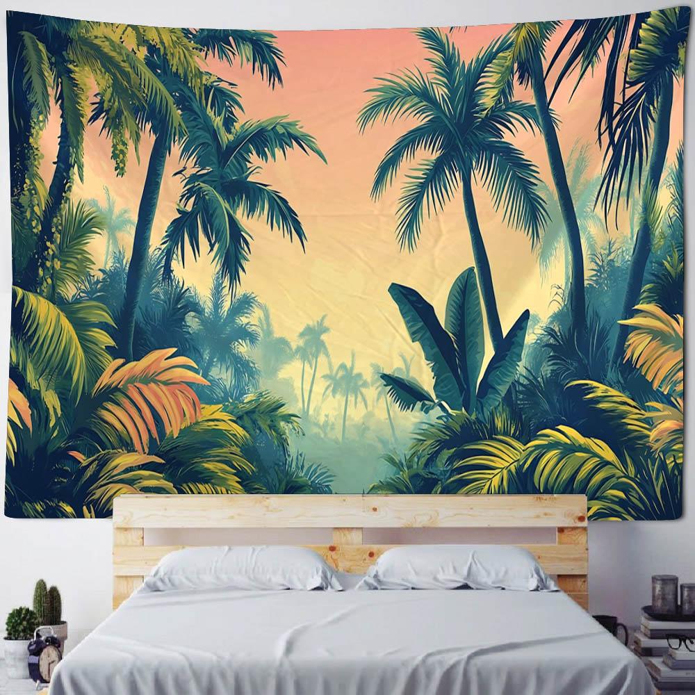 Coconut Tree Sunrise Tapestry Retro Sea View Oil Painting Art Wall Hanging Home Decoration Hippie Wall Background Poster