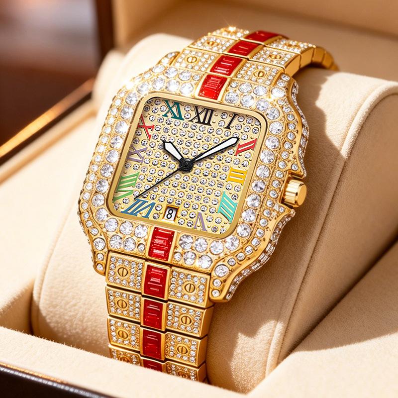 Hip Hop Iced Square Quartz Watch for Men Full Diamond Calendar Luxury Watch красный/золотой