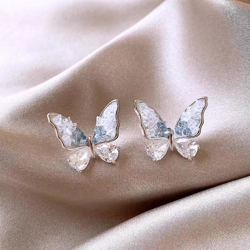 Exquisite Blue Crystal Butterfly Stud Earrings - Artistic, Fresh, Niche Luxury Feel