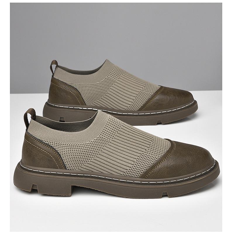 Men's Breathable Knit Mesh Slip-on Loafers - Spring/Summer Casual Low-top, Patchwork Design, Hidden Height Boost, Leather Details