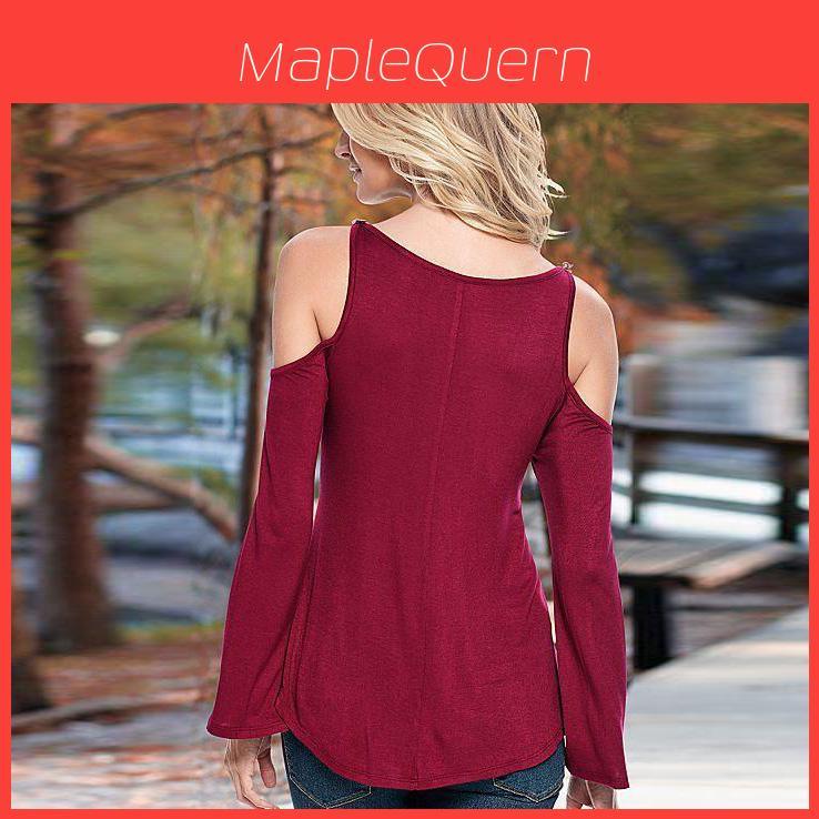 Top Camicia Blusa Casual Larga da Donna a Spalle Scoperte con Maniche Lunghe e Inserti in Pizzo con Scollo a V