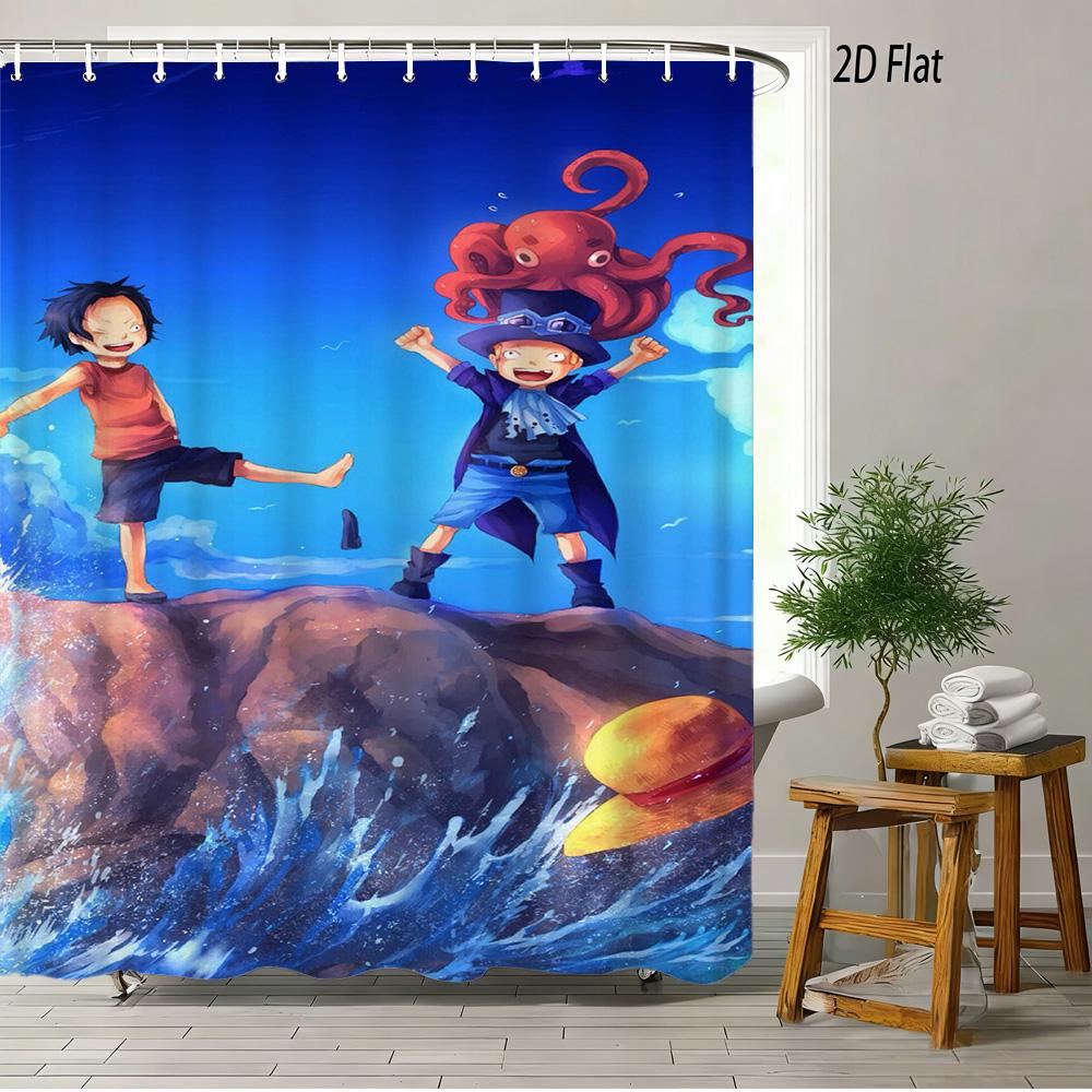 One Piece Luffy, Ace & Sabo Brothers Bond Fiery Scene 2D Print Waterproof Shower Curtain, Intense Flaming Background With Epic B